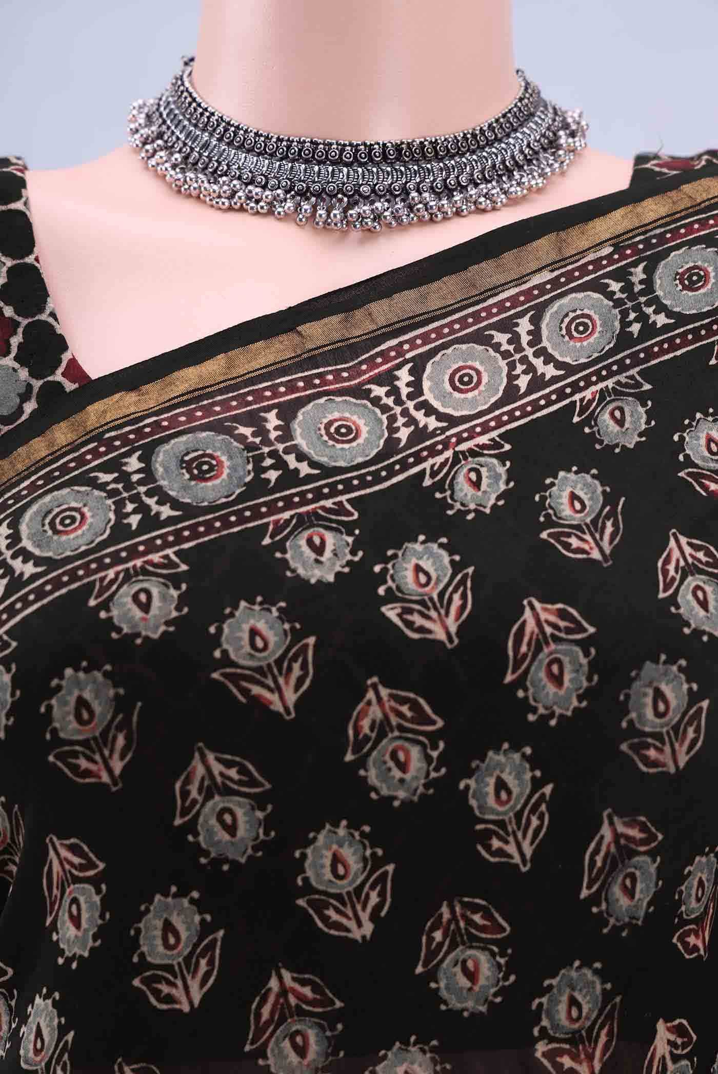 Black Chanderi Silk Cotton Saree - Image 3