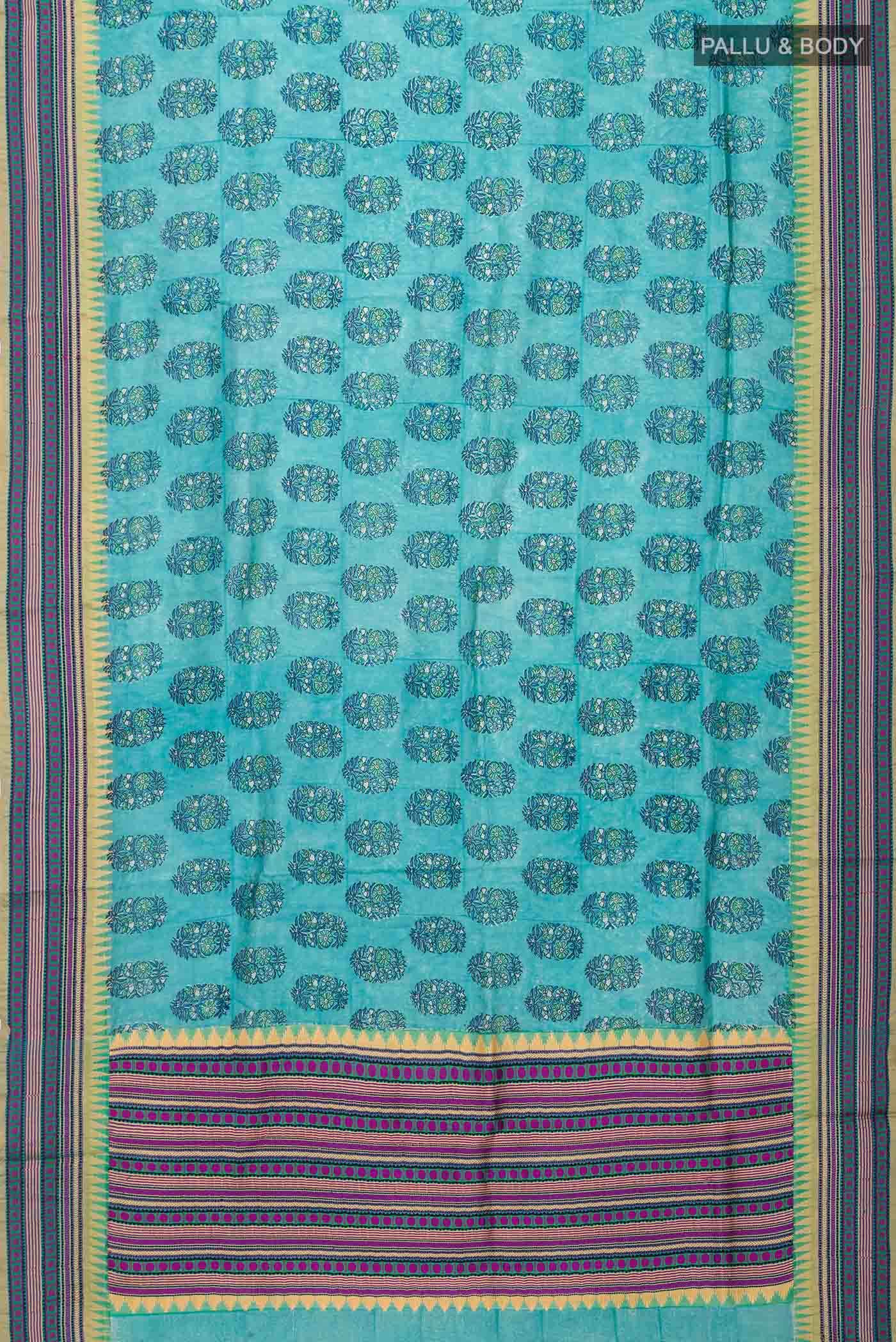 Blue Printed Silk Saree - Image 3
