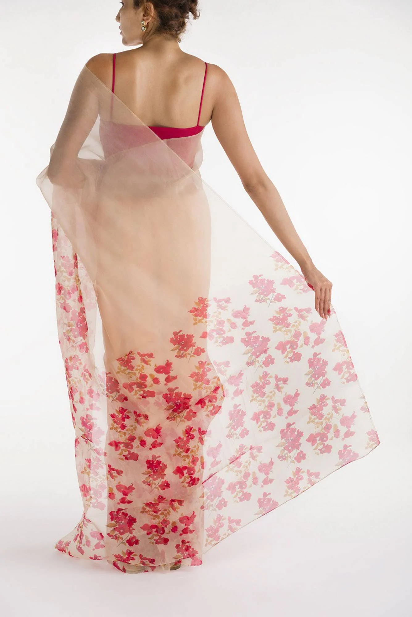 Bougainvillea Vines Cream Pure Organza Silk Saree - Image 3