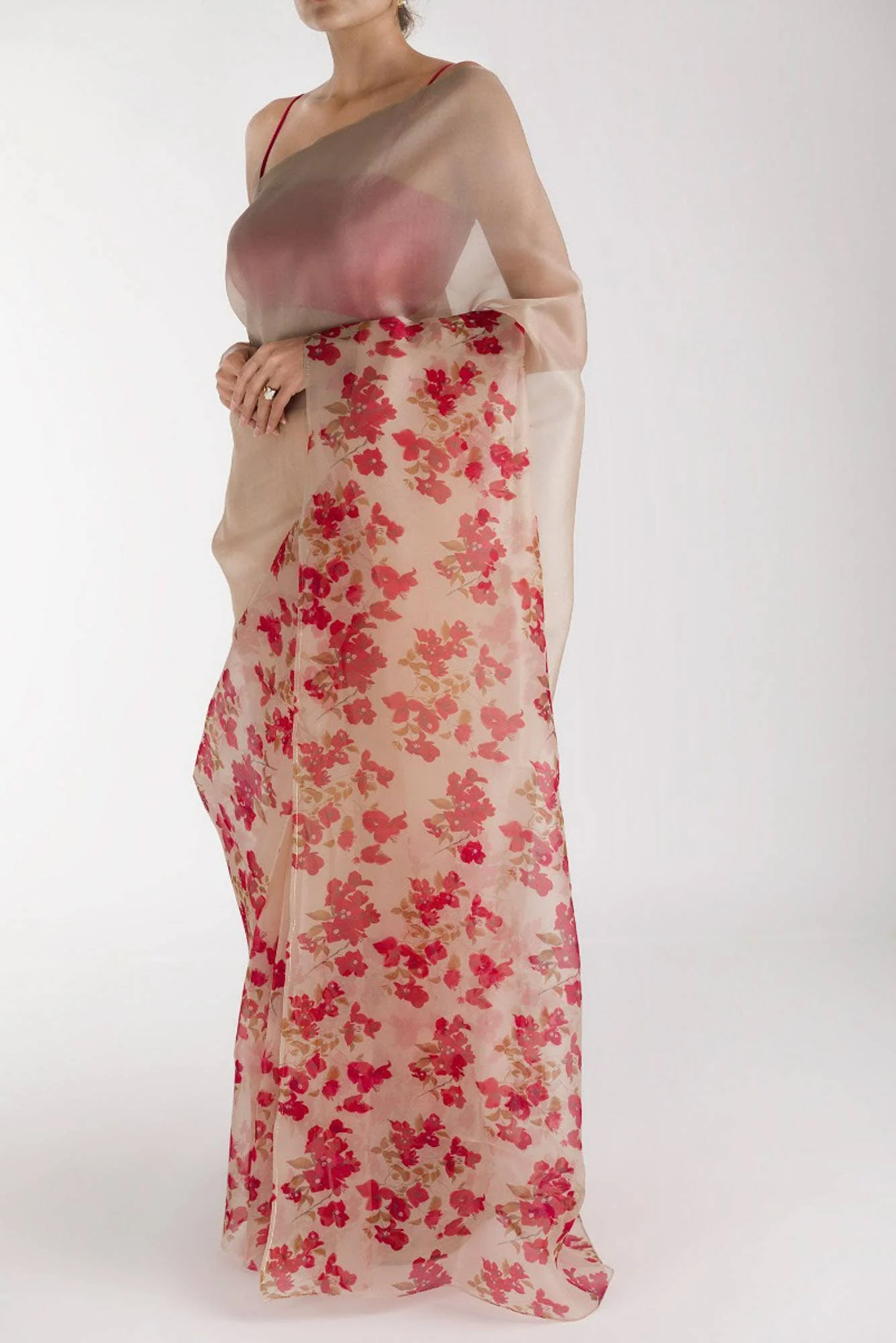 Bougainvillea Vines Cream Pure Organza Silk Saree - Image 4