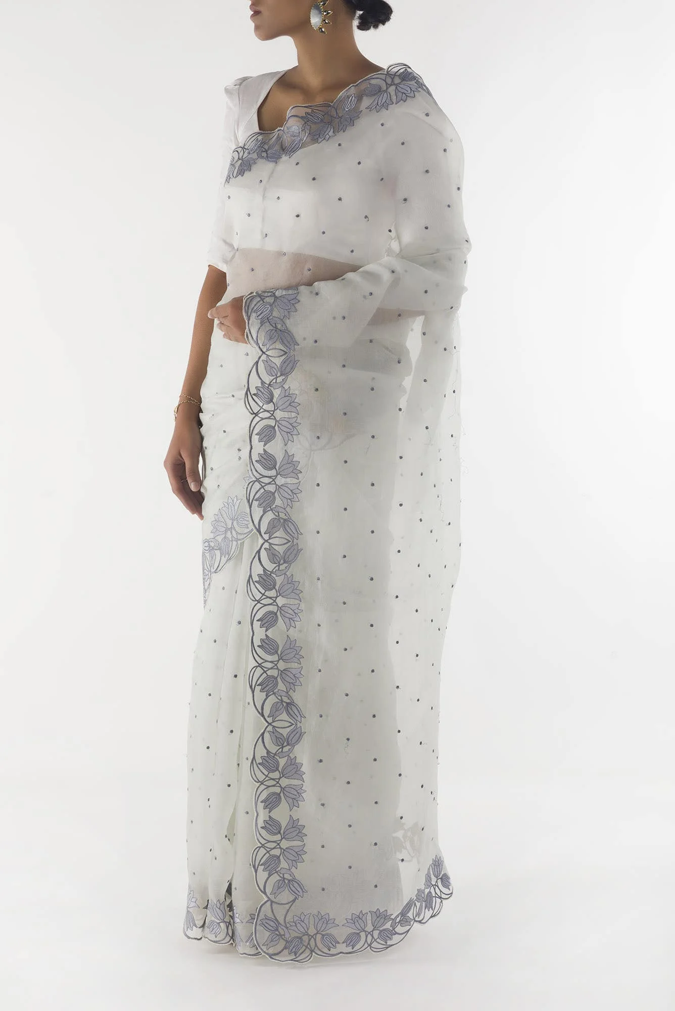 Piety of a Lili White floral design saree from Embroidered Romance Collection by Nalli - Image 3