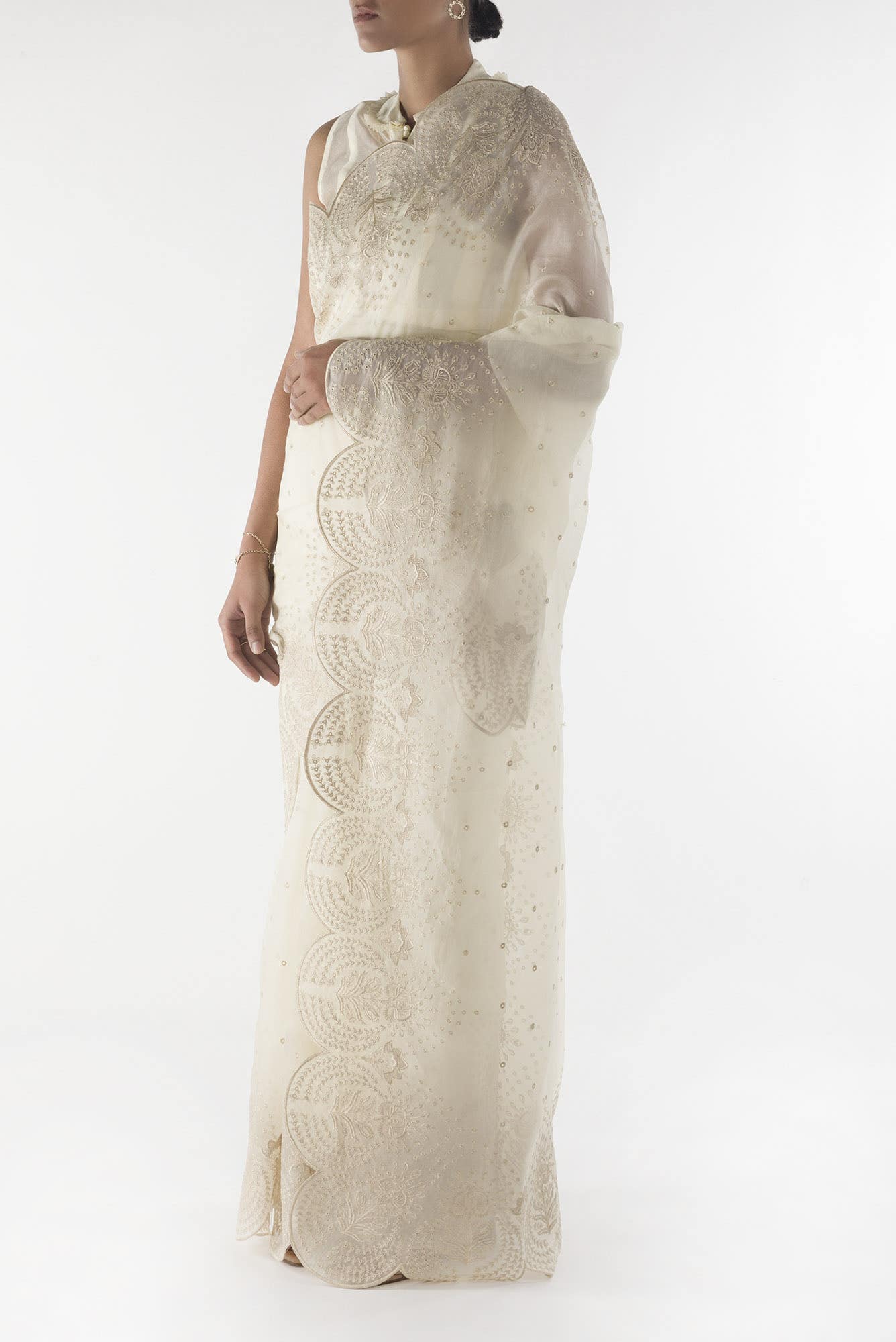 Lovelace Cream floral design saree from Embroidered Romance Collection by Nalli - Image 3