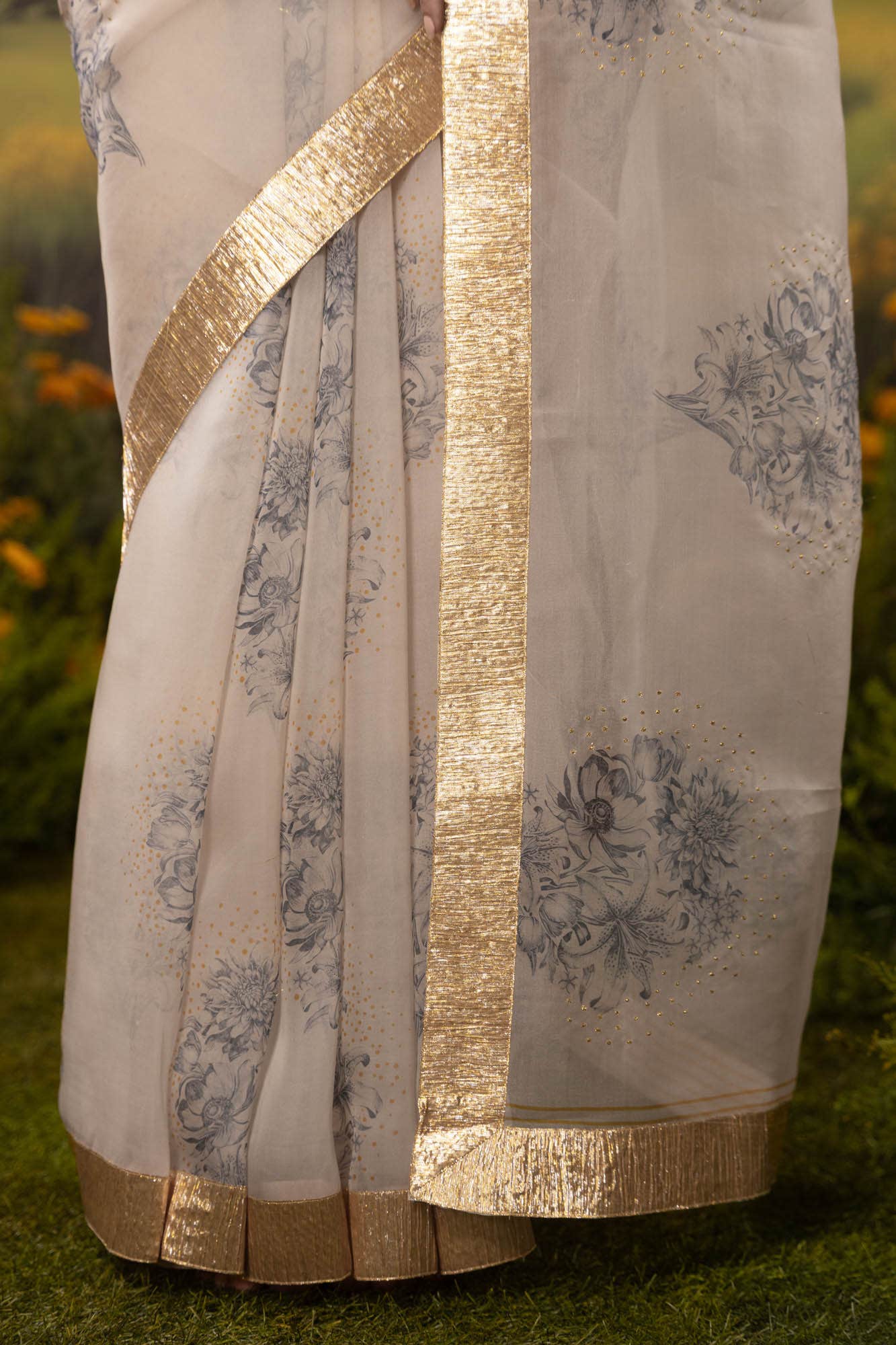 Etched in Gold-Off White Pure Organza Silk Saree - Image 3
