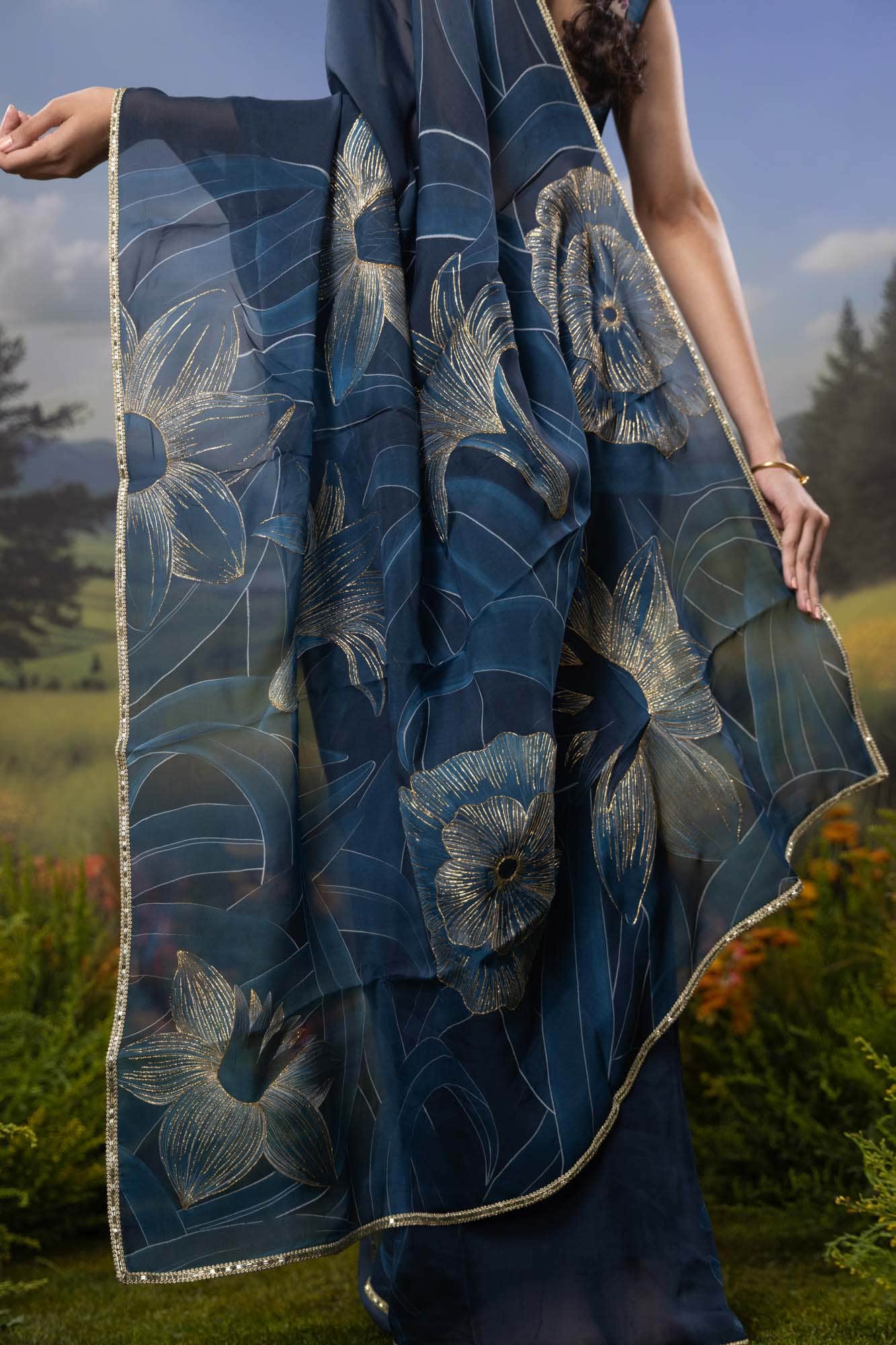 Gilded Daffodils-Blue Organza Silk Saree - Image 4
