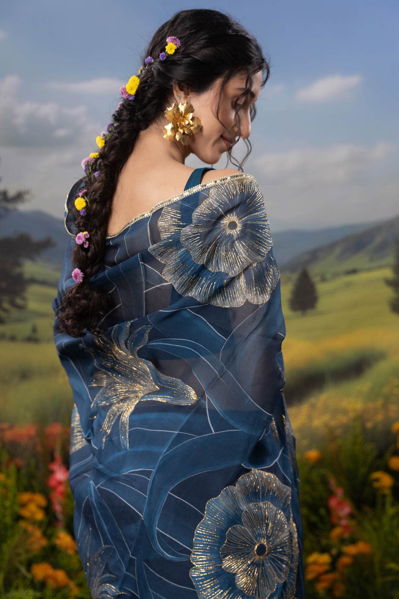 Gilded Daffodils-Blue Organza Silk Saree - Image 5