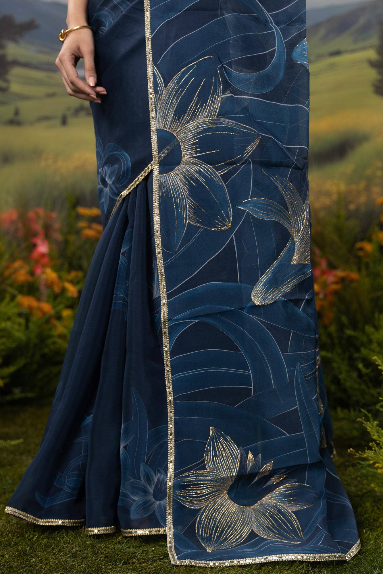 Gilded Daffodils-Blue Organza Silk Saree - Image 6