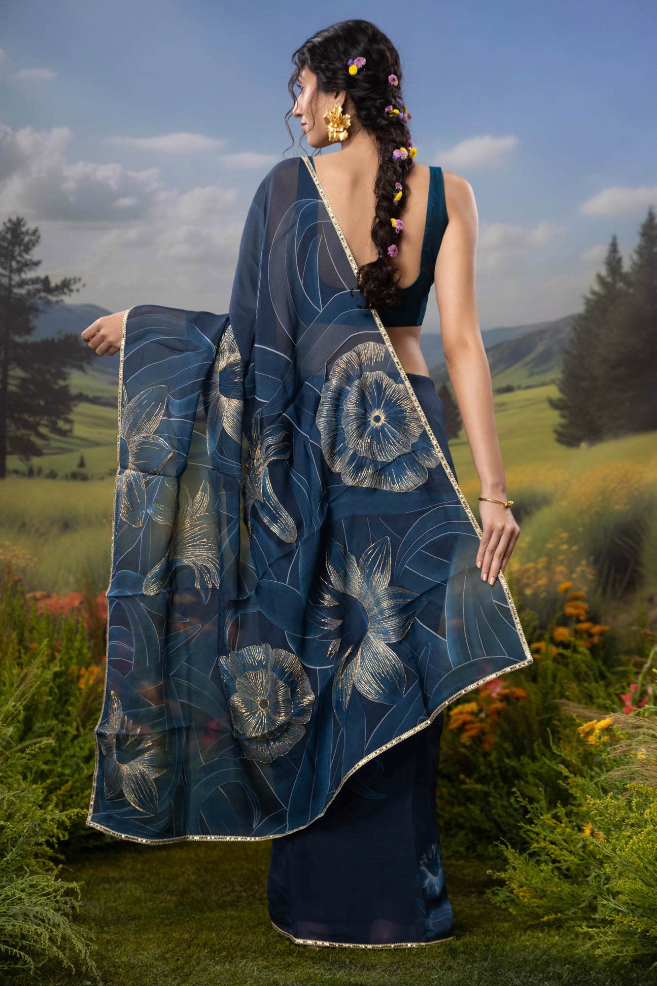 Gilded Daffodils-Blue Organza Silk Saree - Image 7