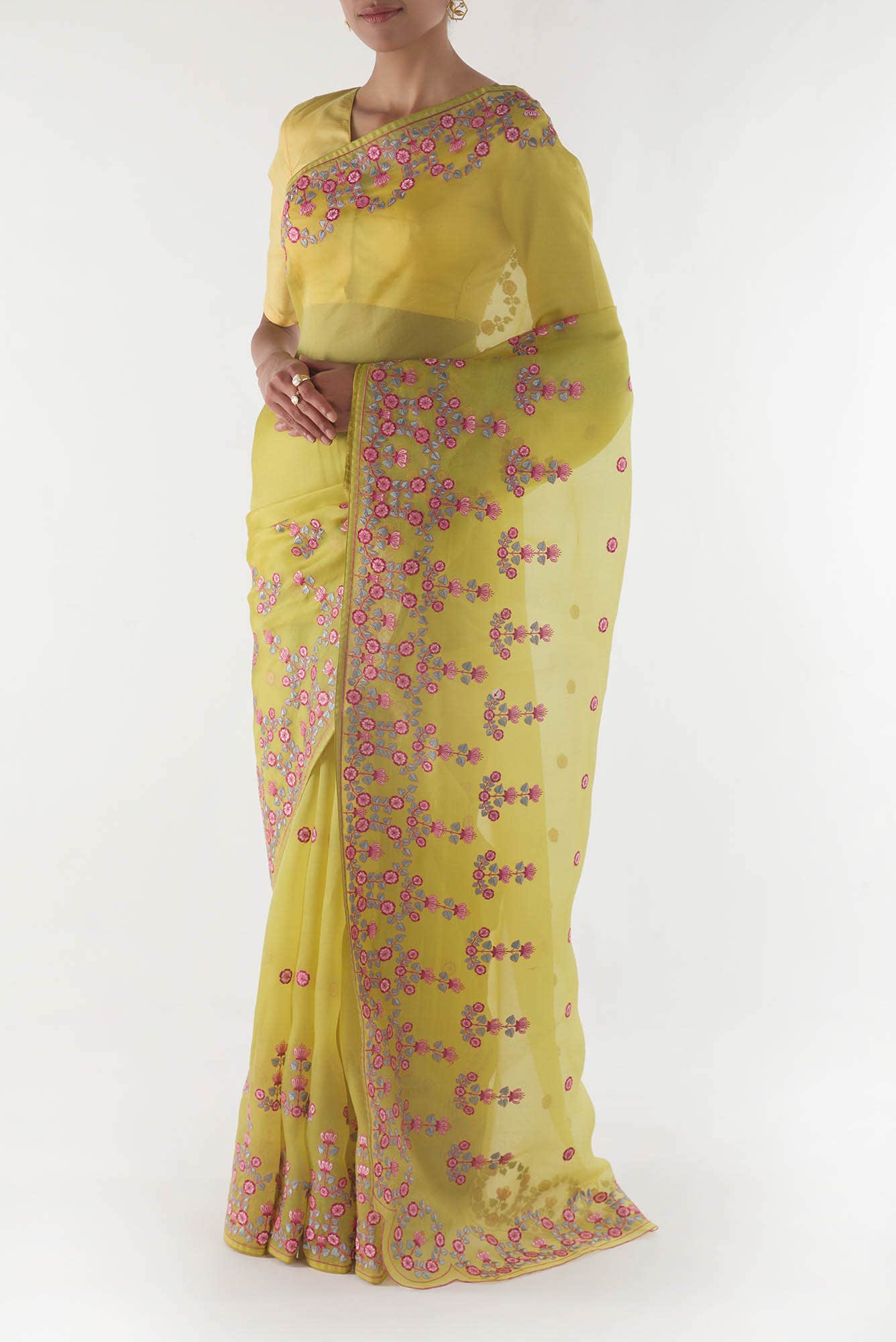 Ethereal Love Lemon Yellow floral design saree from Embroidered Romance Collection by Nalli - Image 6