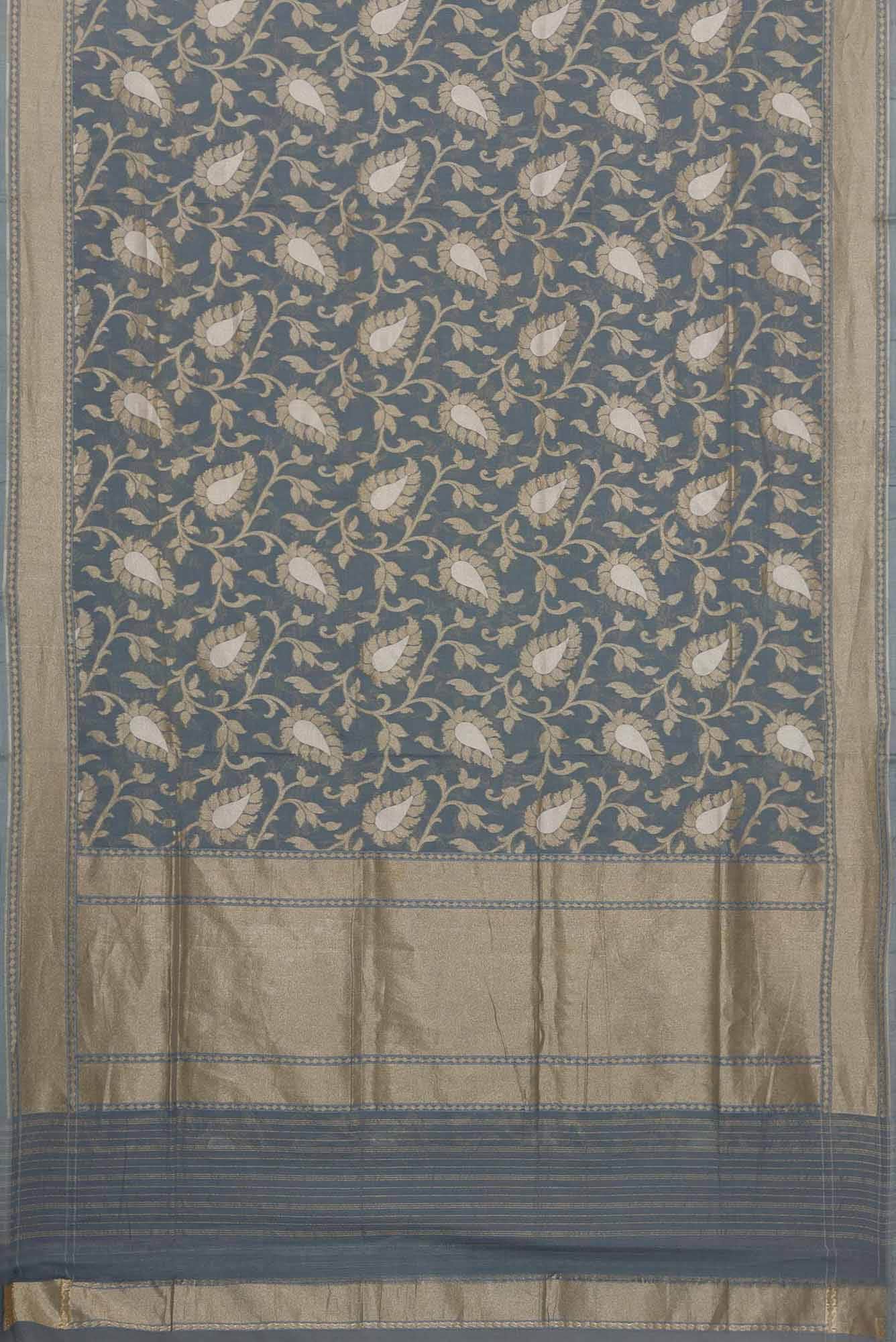 Pure Silk Pure Zari Grey Dual Tone Banarasi Cotton Saree - Image 4