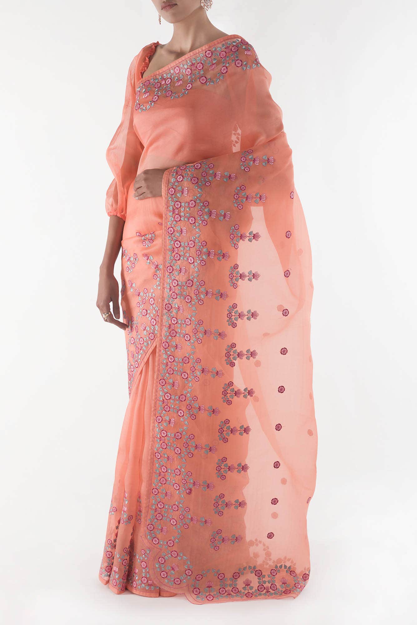 Ethereal Love Orange floral design saree from Embroidered Romance Collection by Nalli - Image 3