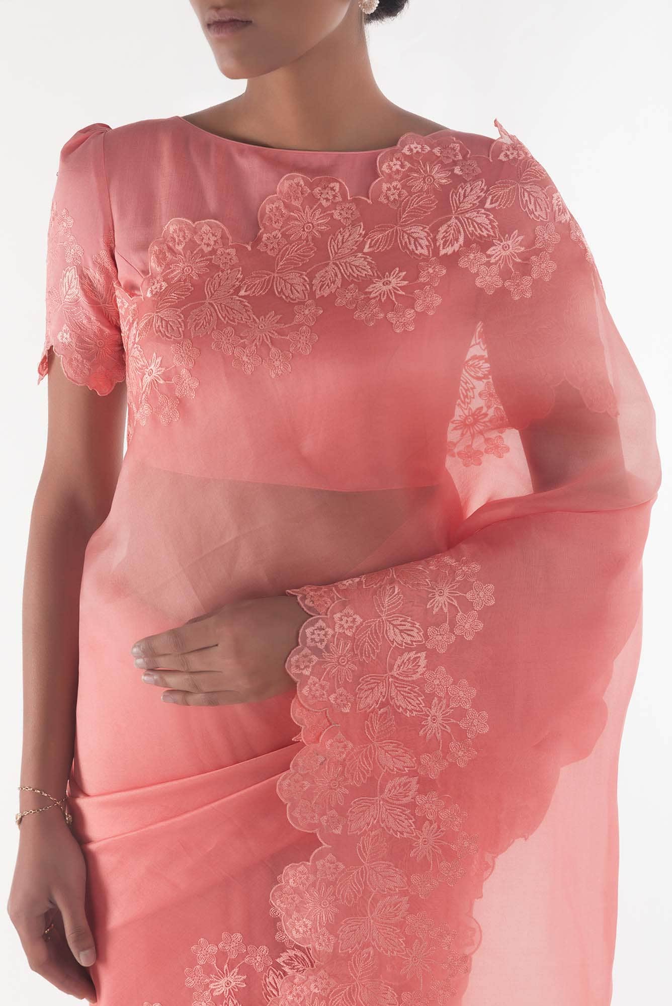 Forget-me-not Peach floral design saree from Embroidered Romance Collection by Nalli - Image 3