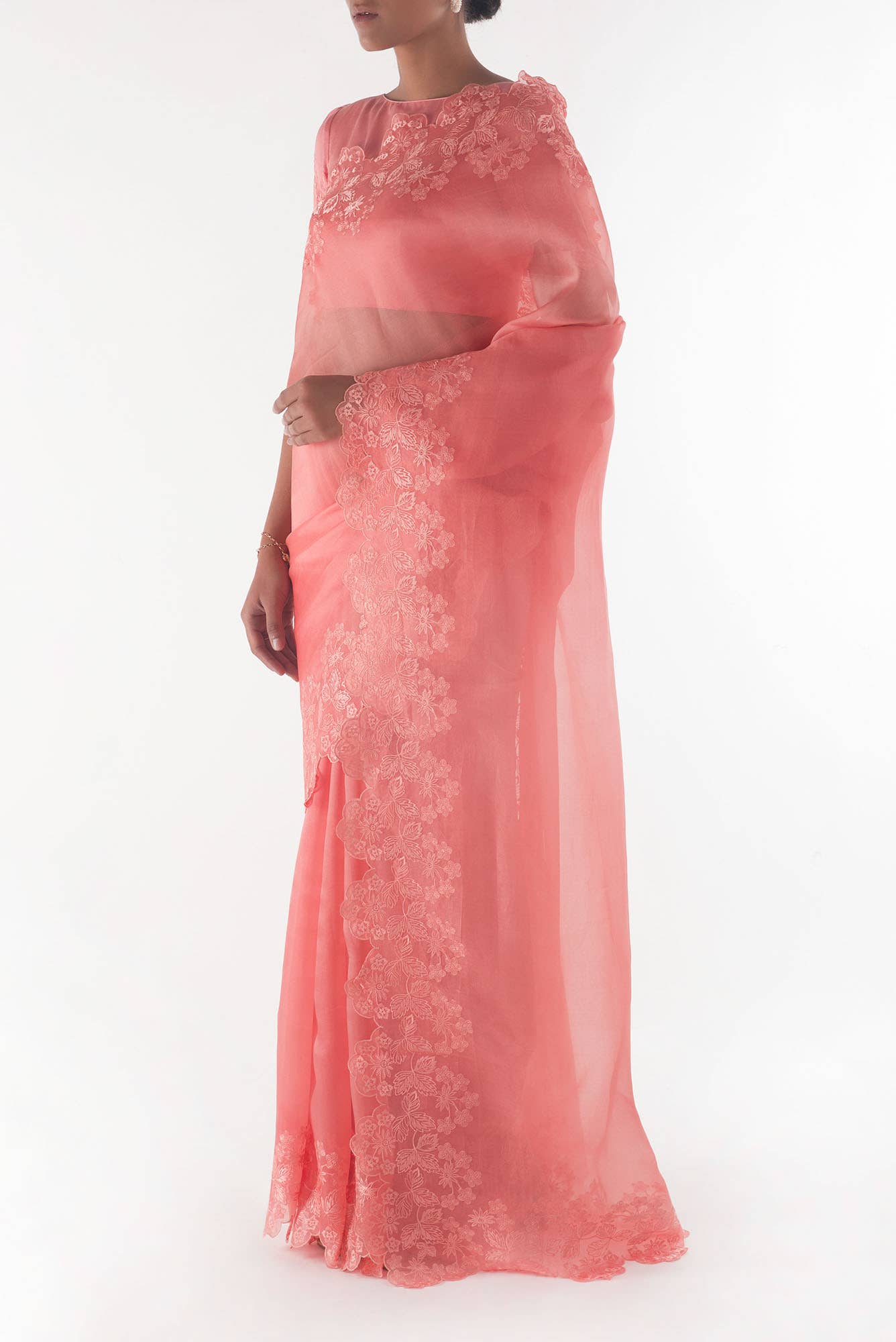 Forget-me-not Peach floral design saree from Embroidered Romance Collection by Nalli - Image 4