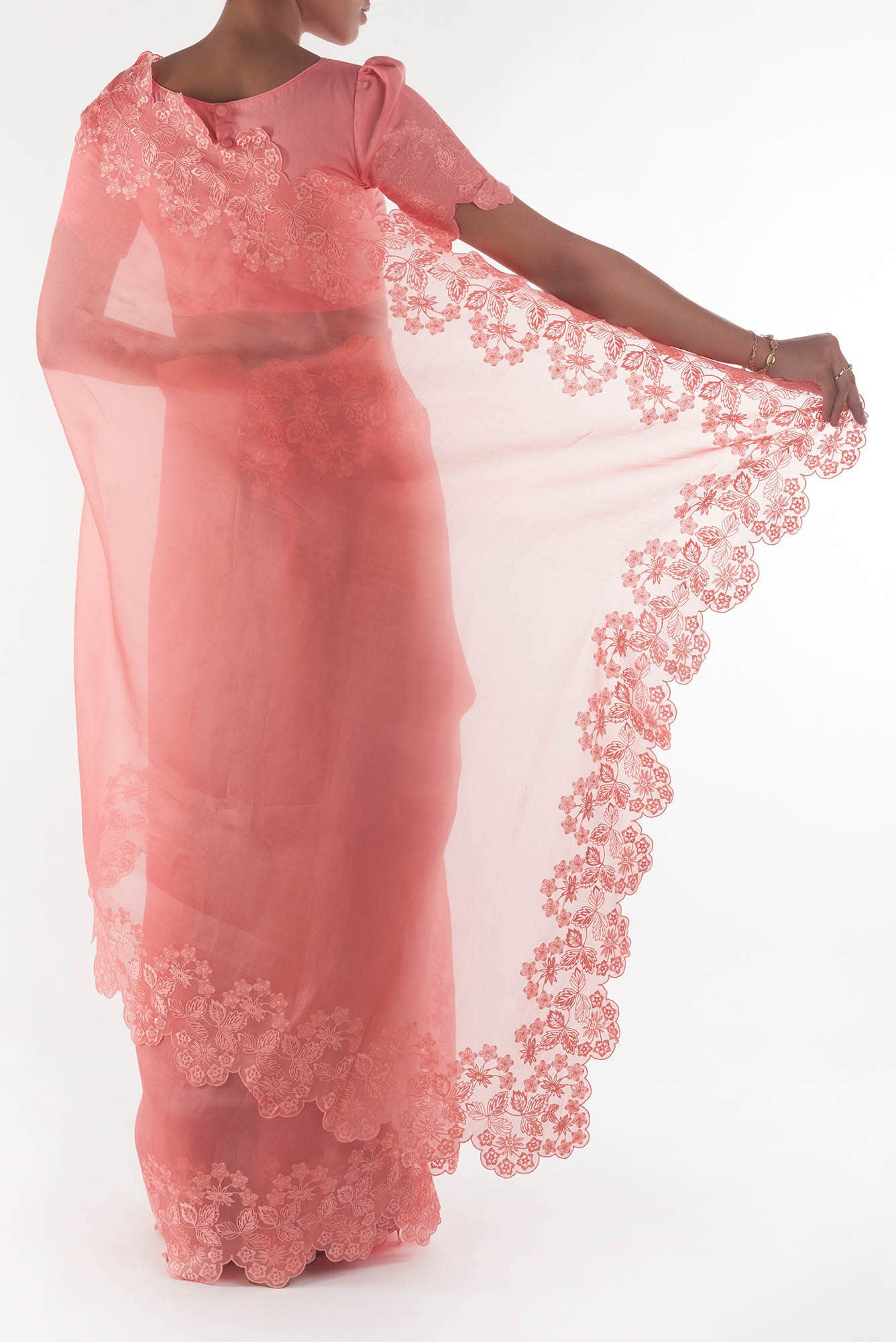 Forget-me-not Peach floral design saree from Embroidered Romance Collection by Nalli - Image 6