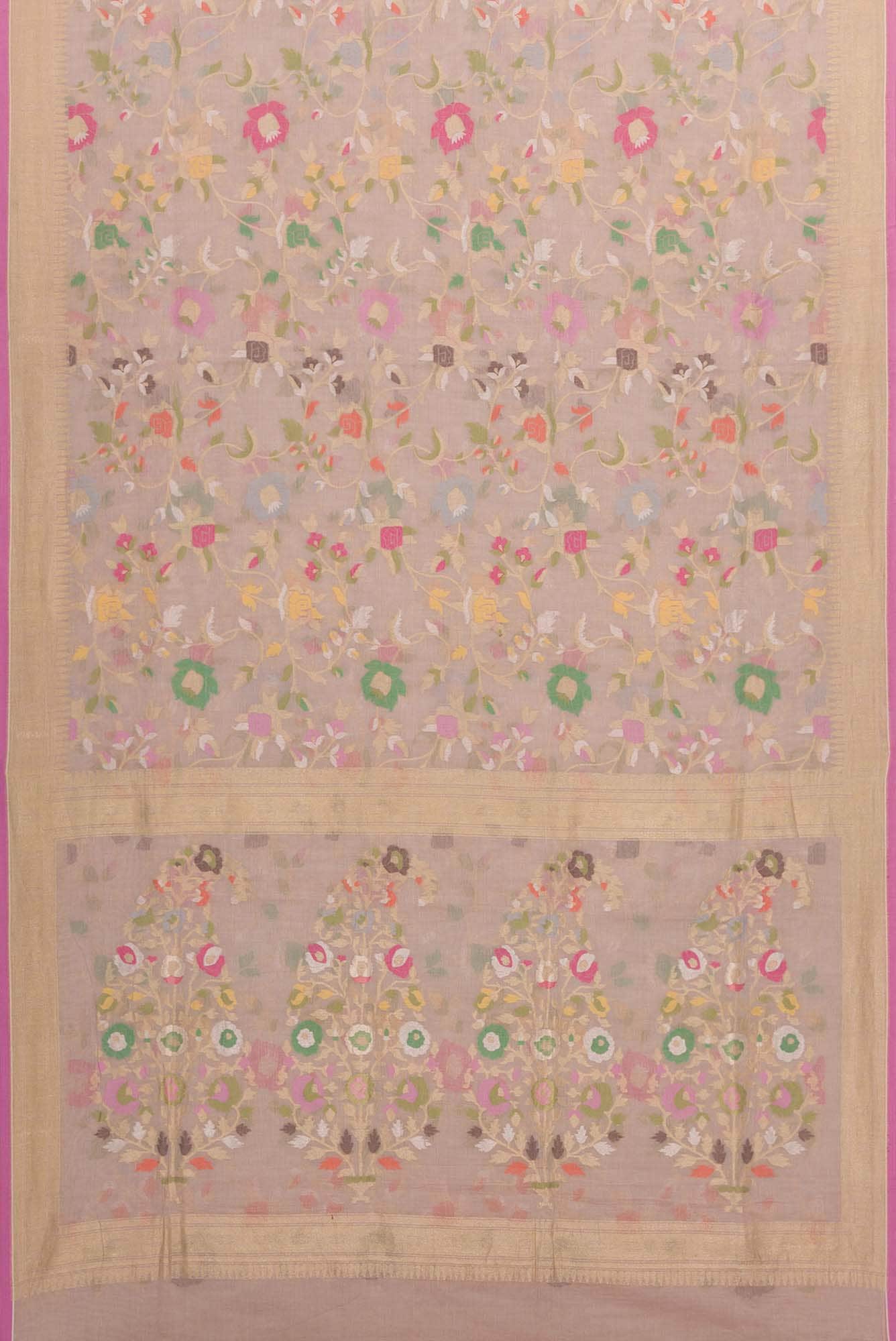 Pure Silk Pure Zari Rose pink Dual Tone Banarasi Cotton Saree - Image 4