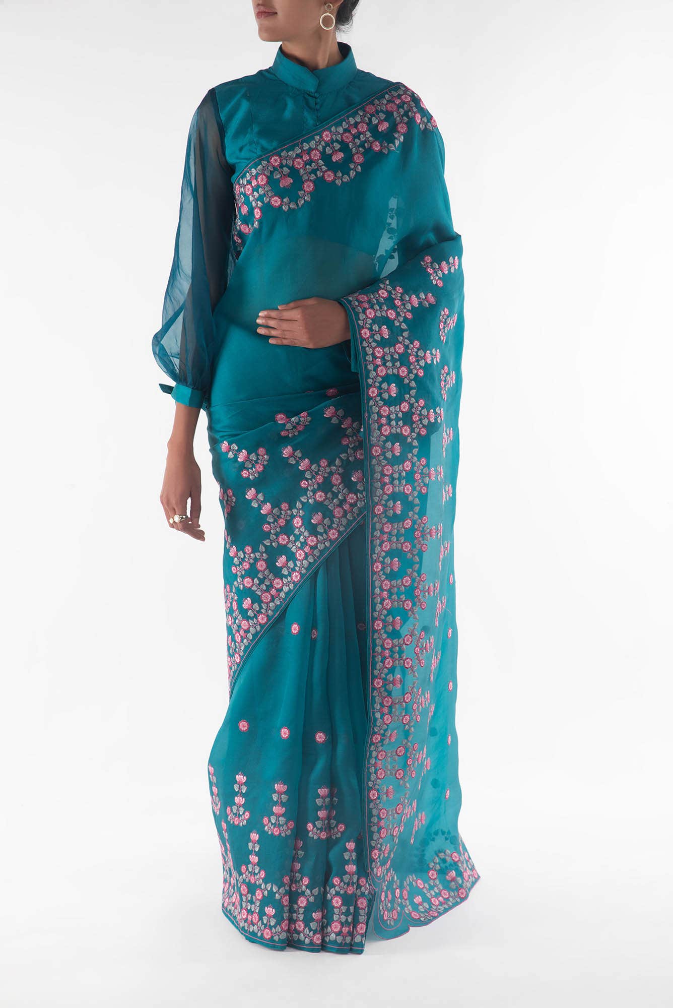 Ethereal Love Teal floral design saree from Embroidered Romance Collection by Nalli - Image 3