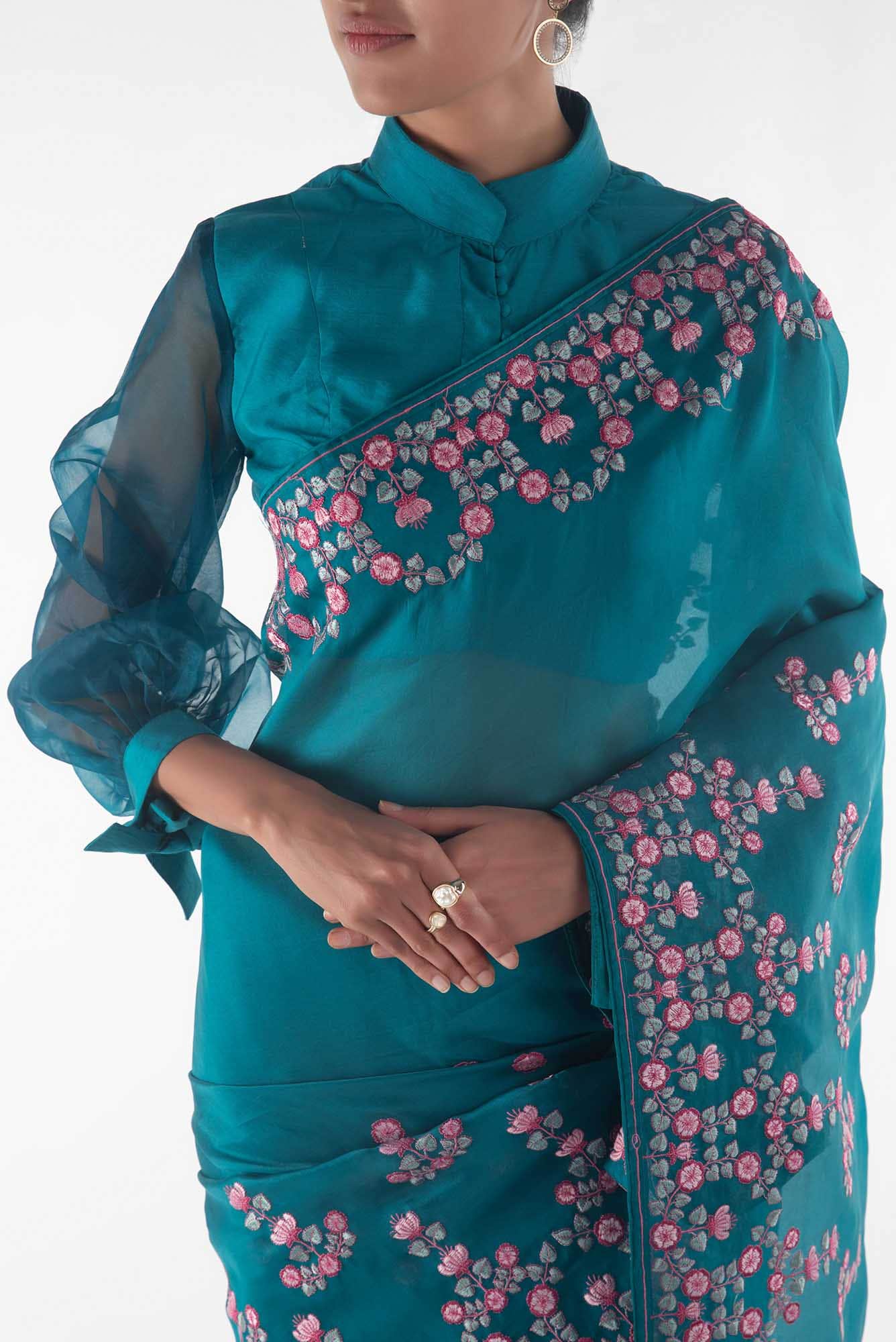 Ethereal Love Teal floral design saree from Embroidered Romance Collection by Nalli - Image 4