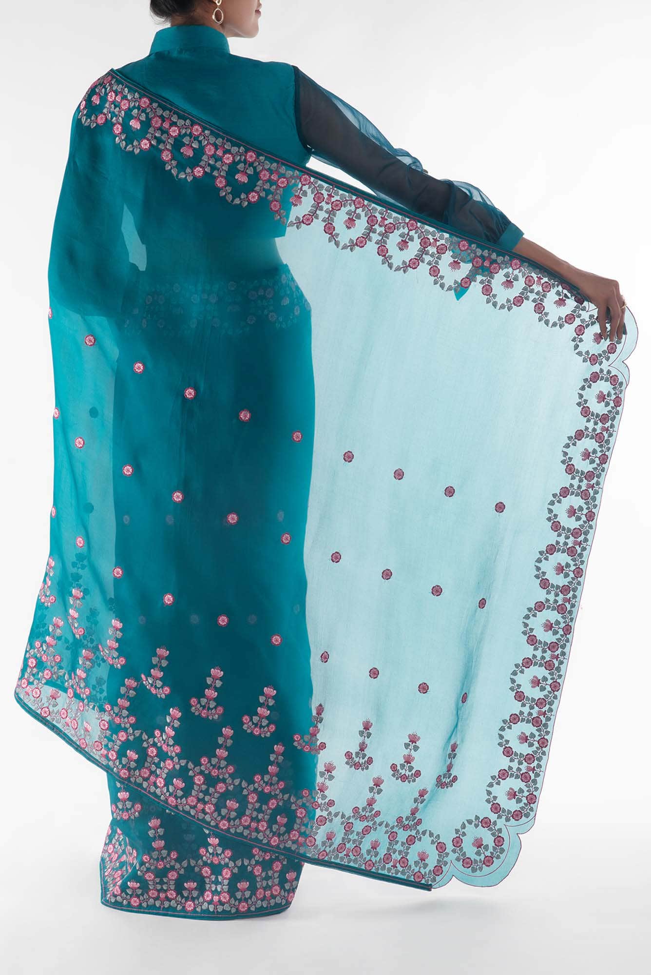Ethereal Love Teal floral design saree from Embroidered Romance Collection by Nalli - Image 5