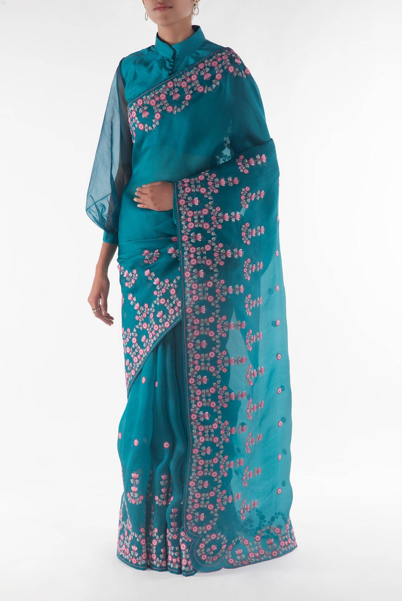 Ethereal Love Teal floral design saree from Embroidered Romance Collection by Nalli - Image 7