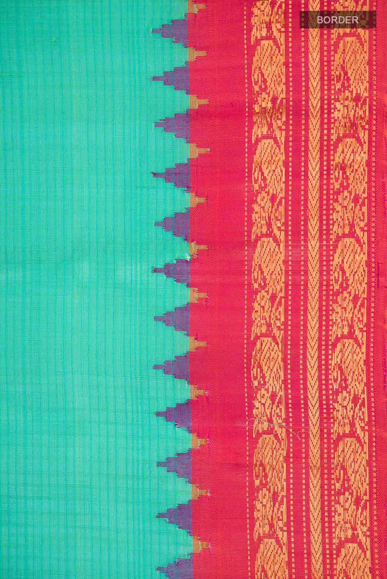 Turquoise Gadwal Silk Cotton Saree - Image 4