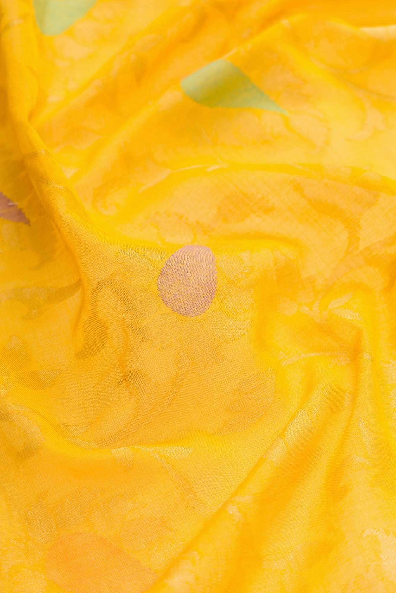 Pure Silk Pure Zari Yellow Dual Tone Banarasi Cotton Saree - Image 3