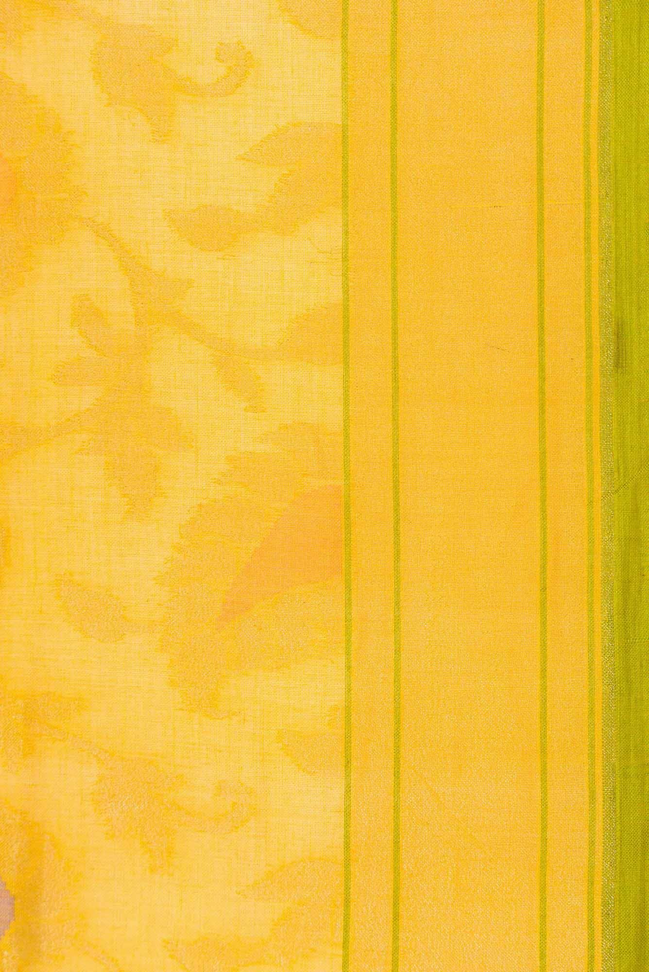 Pure Silk Pure Zari Yellow Dual Tone Banarasi Cotton Saree - Image 5