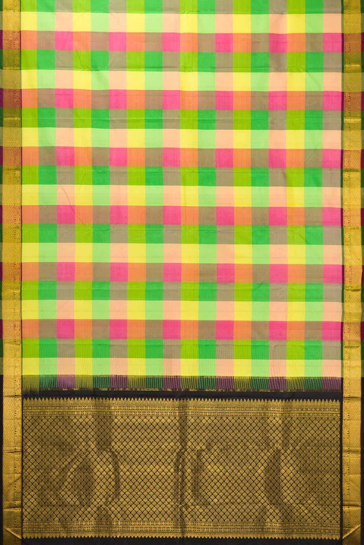 Pure Silk Pure Zari Yellow, Green and Pink Dual Tone Kanchipuram Saree - Image 4