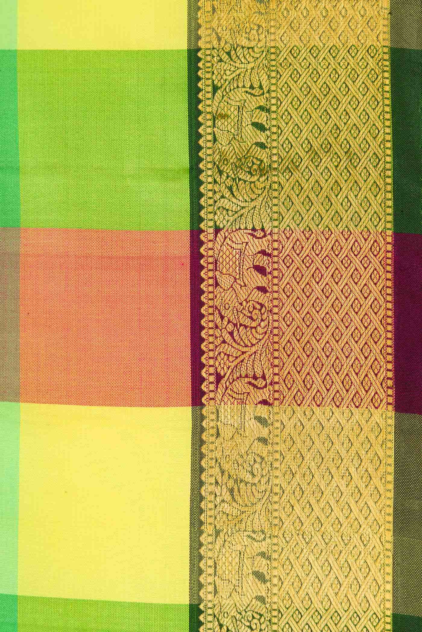 Pure Silk Pure Zari Yellow, Green and Pink Dual Tone Kanchipuram Saree - Image 5